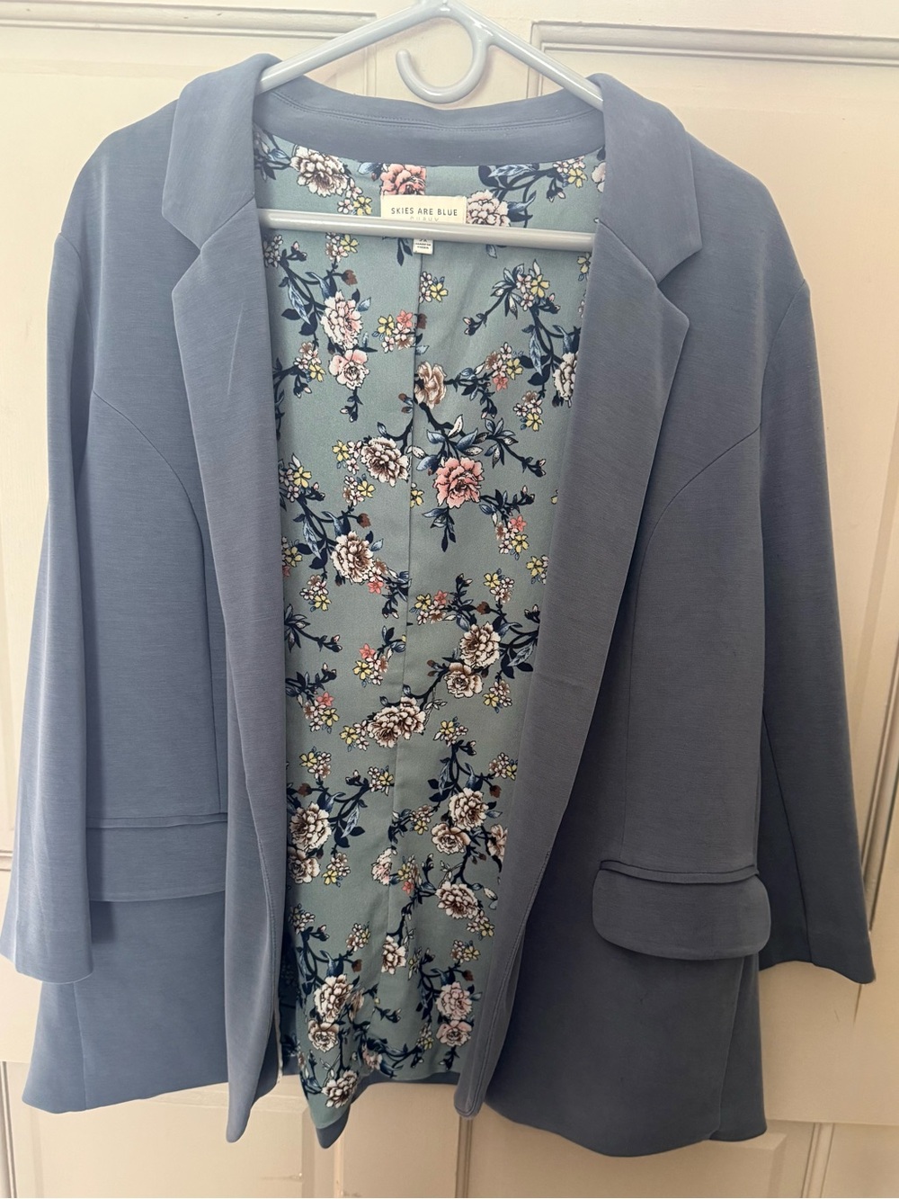 Skies Are Blue Dusty Blue Open-Front Blazer with Floral Lining